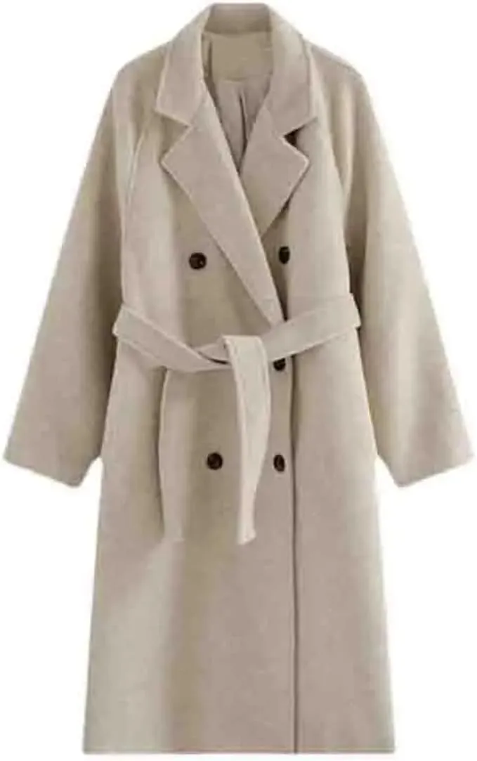 Fjnbbiot Women Double Breasted Loose Woolen Coat Lapel Collar Long Sleeves Solid Casual Autumn Winter Pea Coat