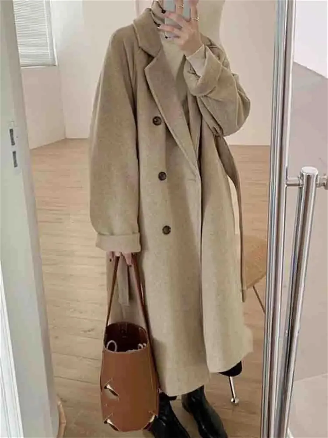 Fjnbbiot Women Double Breasted Loose Woolen Coat Lapel Collar Long Sleeves Solid Casual Autumn Winter Pea Coat