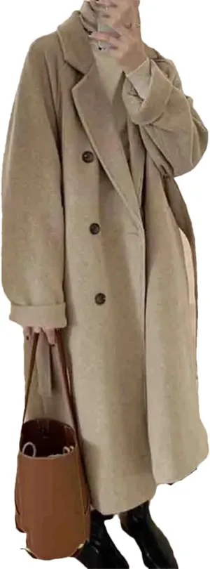 Fjnbbiot Women Double Breasted Loose Woolen Coat Lapel Collar Long Sleeves Solid Casual Autumn Winter Pea Coat