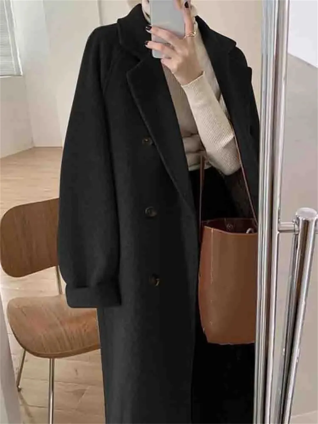 Fjnbbiot Women Double Breasted Loose Woolen Coat Lapel Collar Long Sleeves Solid Casual Autumn Winter Pea Coat