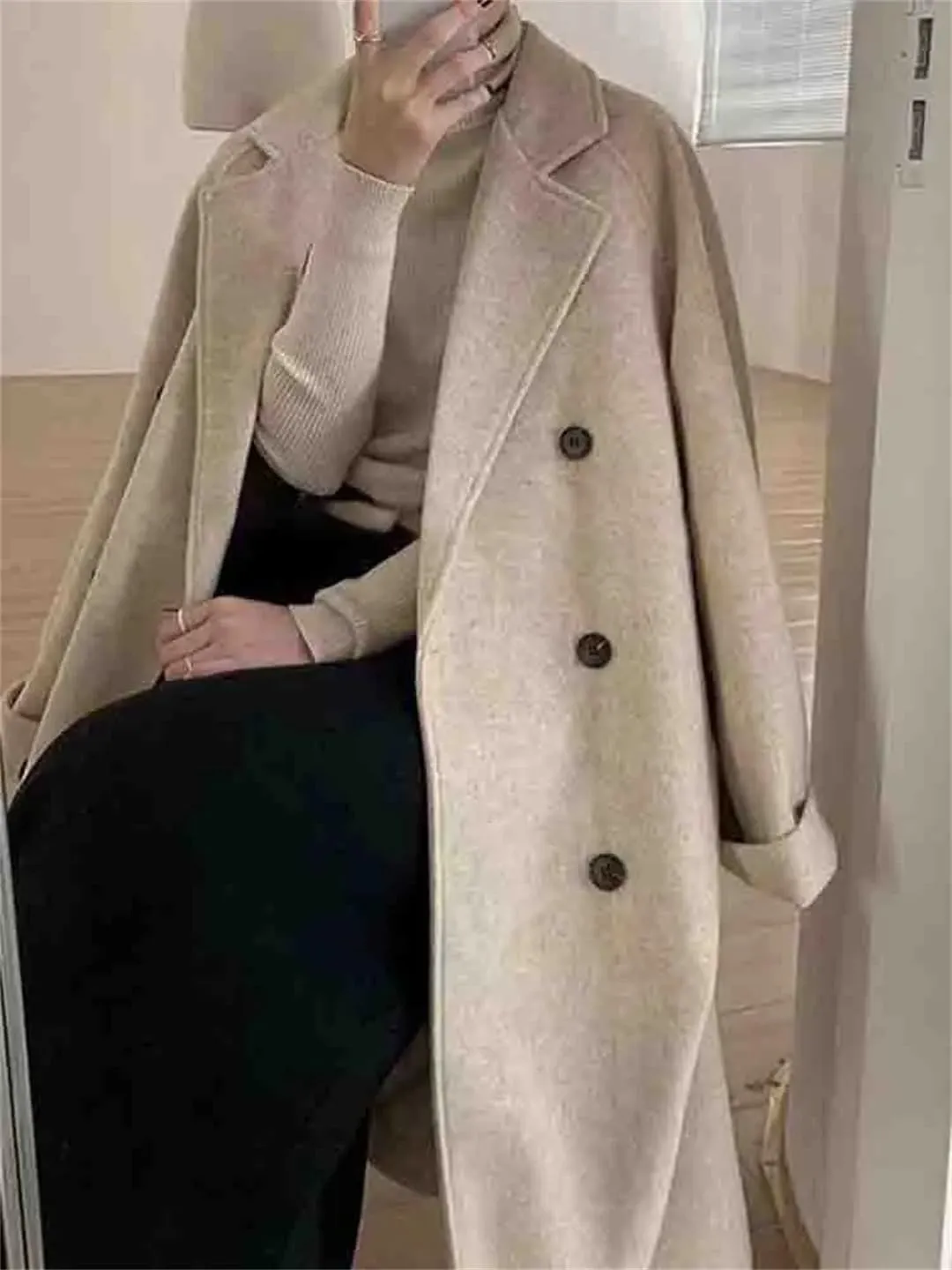Fjnbbiot Women Double Breasted Loose Woolen Coat Lapel Collar Long Sleeves Solid Casual Autumn Winter Pea Coat