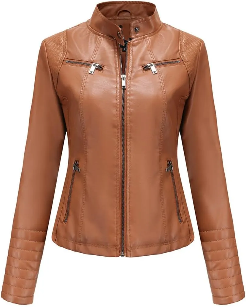 Fjnbbiot Women Moto Biker Zipper Jacket Autumn Spring Motorcycle Faux Leather Jacket