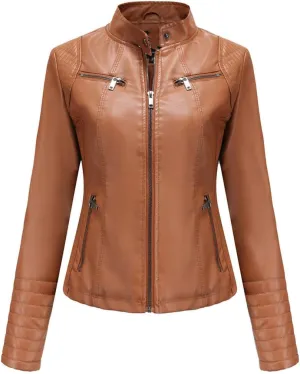 Fjnbbiot Women Moto Biker Zipper Jacket Autumn Spring Motorcycle Faux Leather Jacket