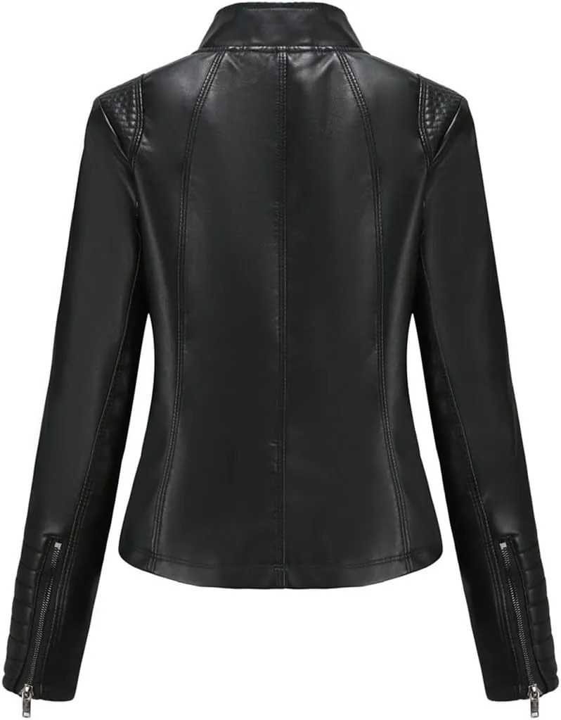 Fjnbbiot Women Moto Biker Zipper Jacket Autumn Spring Motorcycle Faux Leather Jacket