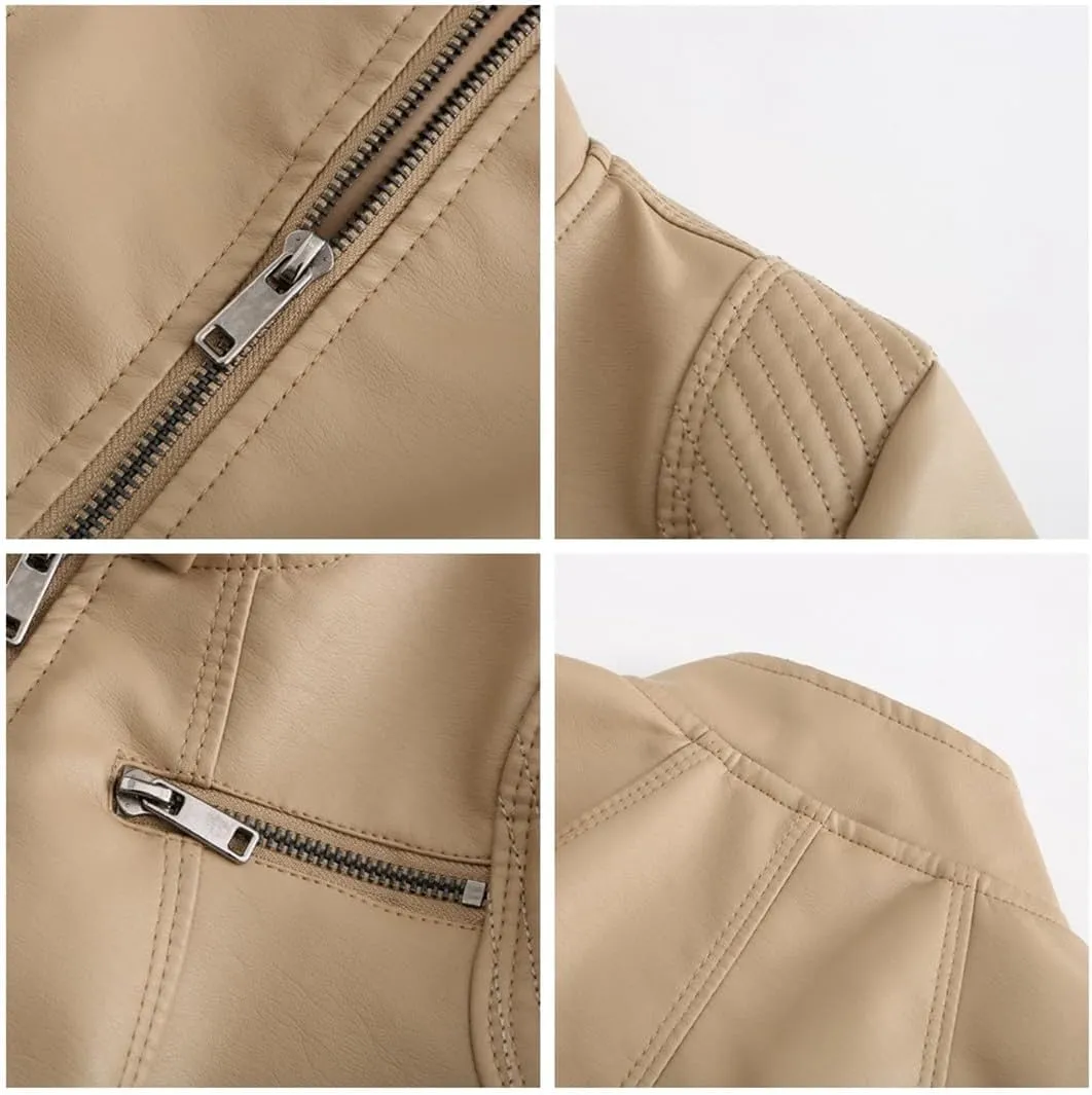 Fjnbbiot Women Moto Biker Zipper Jacket Autumn Spring Motorcycle Faux Leather Jacket