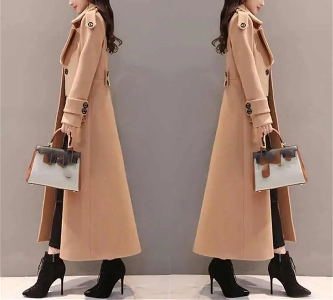 Fjnbbiot Women Outerwear Winter Clothing Fashion Warm Woolen Blends Slim Elegant Double Breasted Woolen Coat
