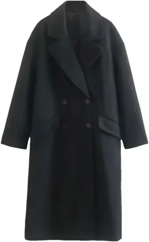 Fjnbbiot Women Winter Thick Woolen Coats With Loose Long Sleeves Elegant Notched Collar Double Breasted Wool Blend Over Coat