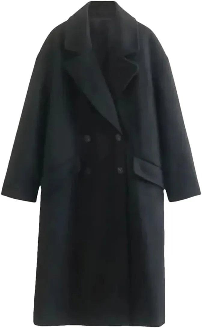 Fjnbbiot Women Winter Thick Woolen Coats With Loose Long Sleeves Elegant Notched Collar Double Breasted Wool Blend Over Coat