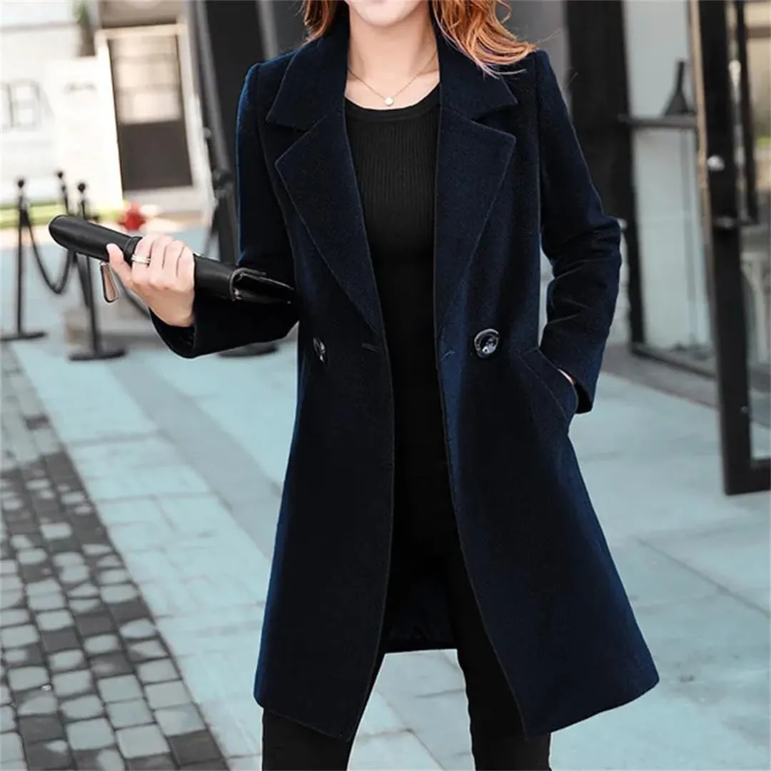 Fjnbbiot Women Wool Coat Coat Winter Elegant Notched Collar Double Breasted Wool Blend Over Solid Color Pea Coat