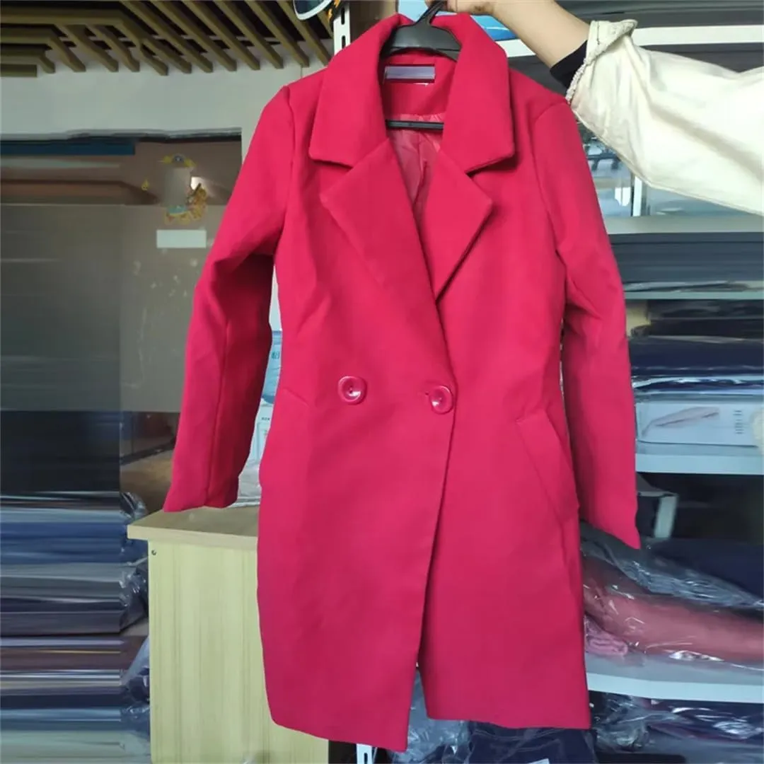 Fjnbbiot Women Wool Coat Coat Winter Elegant Notched Collar Double Breasted Wool Blend Over Solid Color Pea Coat