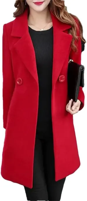 Fjnbbiot Women Wool Coat Coat Winter Elegant Notched Collar Double Breasted Wool Blend Over Solid Color Pea Coat