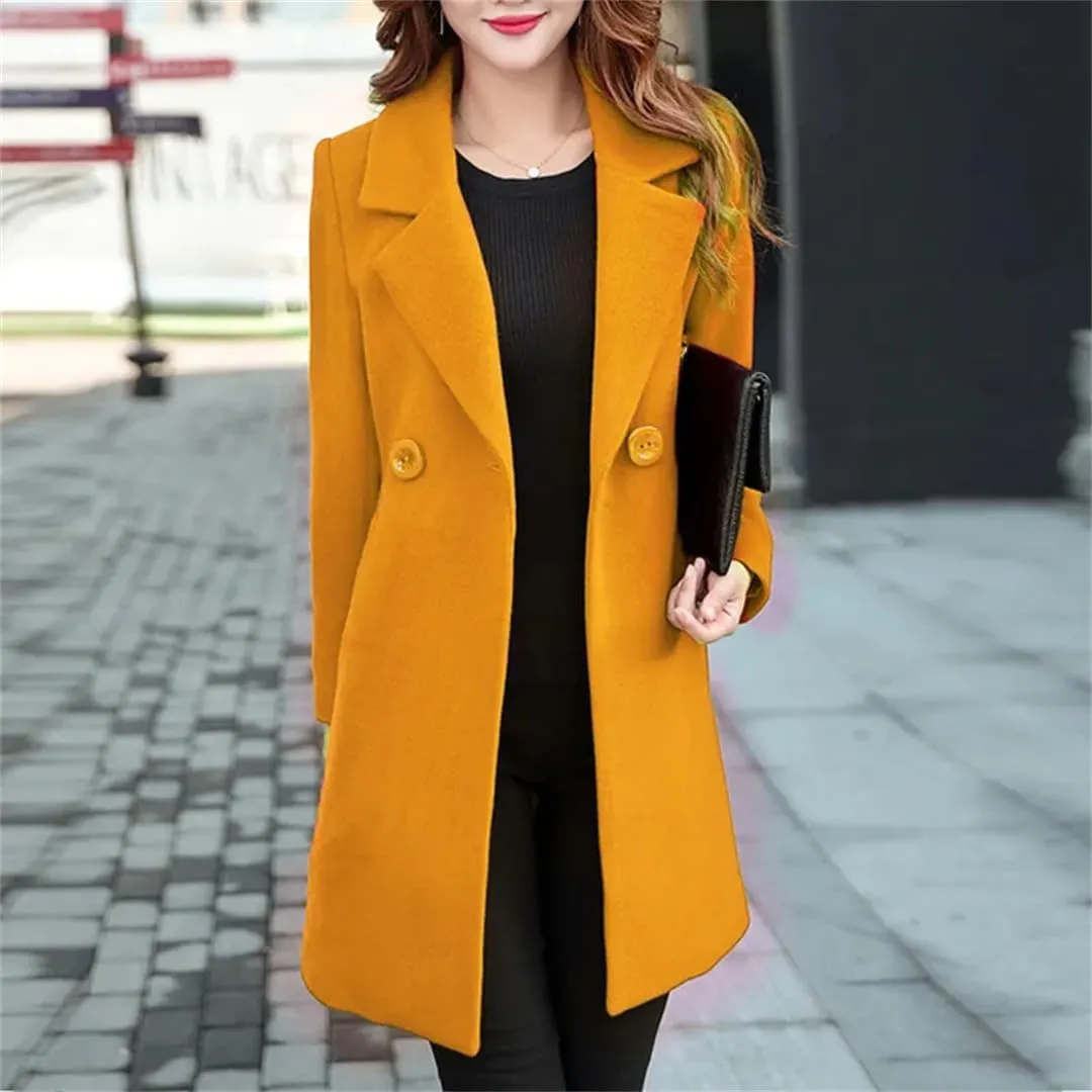 Fjnbbiot Women Wool Coat Coat Winter Elegant Notched Collar Double Breasted Wool Blend Over Solid Color Pea Coat