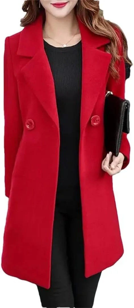 Fjnbbiot Women Wool Coat Coat Winter Elegant Notched Collar Double Breasted Wool Blend Over Solid Color Pea Coat