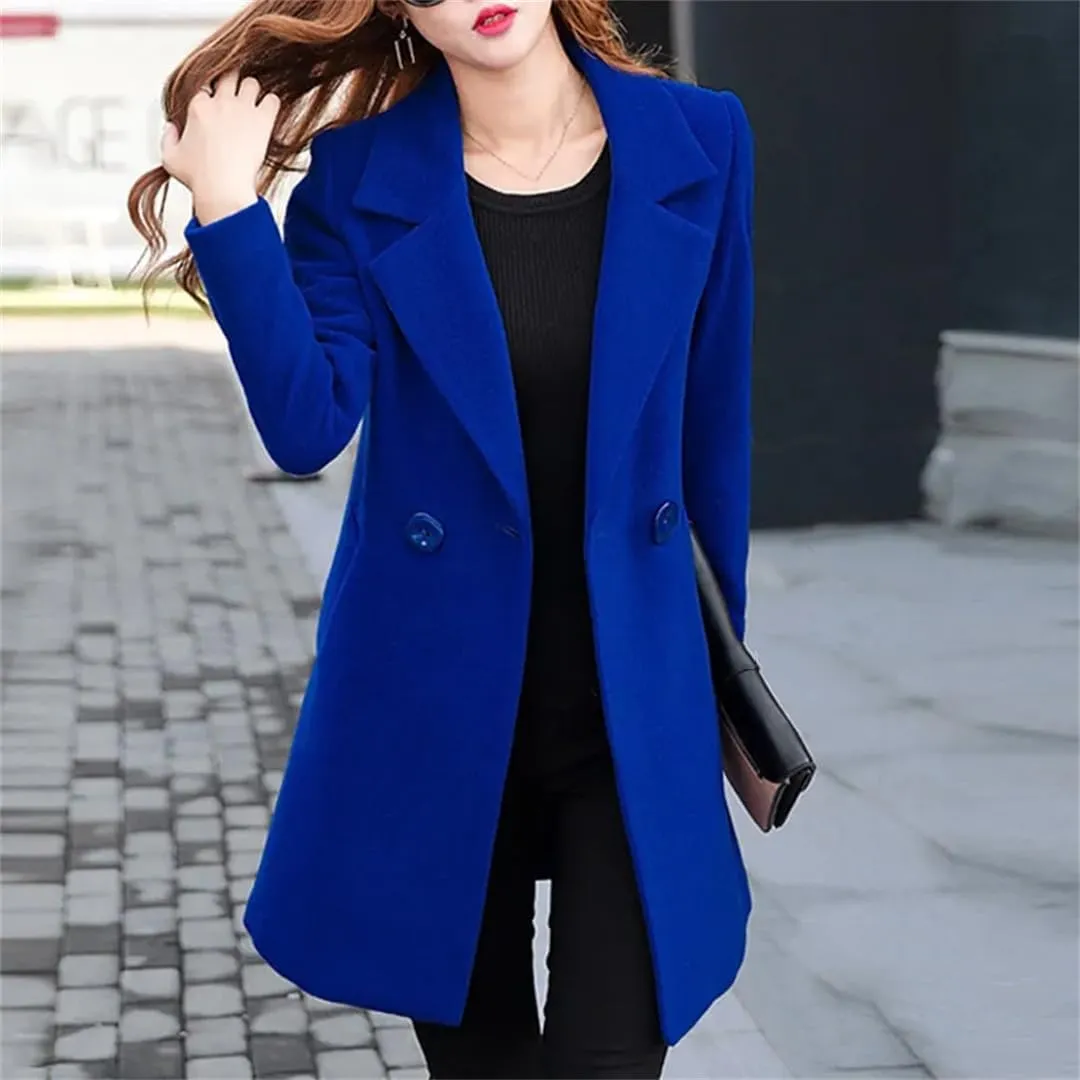 Fjnbbiot Women Wool Coat Coat Winter Elegant Notched Collar Double Breasted Wool Blend Over Solid Color Pea Coat