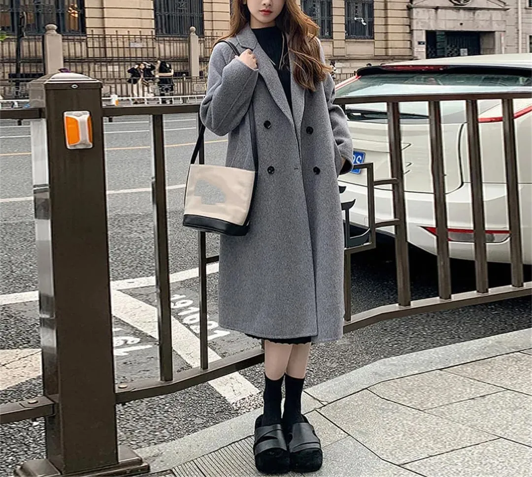 Fjnbbiot Women's Double-Sided Cashmere Wool Coat Long-Sleeved Loose Coats Notched Collar Double Breasted Wool Blend Over Coat
