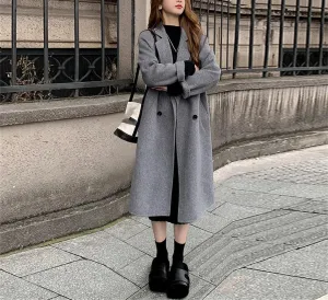 Fjnbbiot Women's Double-Sided Cashmere Wool Coat Long-Sleeved Loose Coats Notched Collar Double Breasted Wool Blend Over Coat