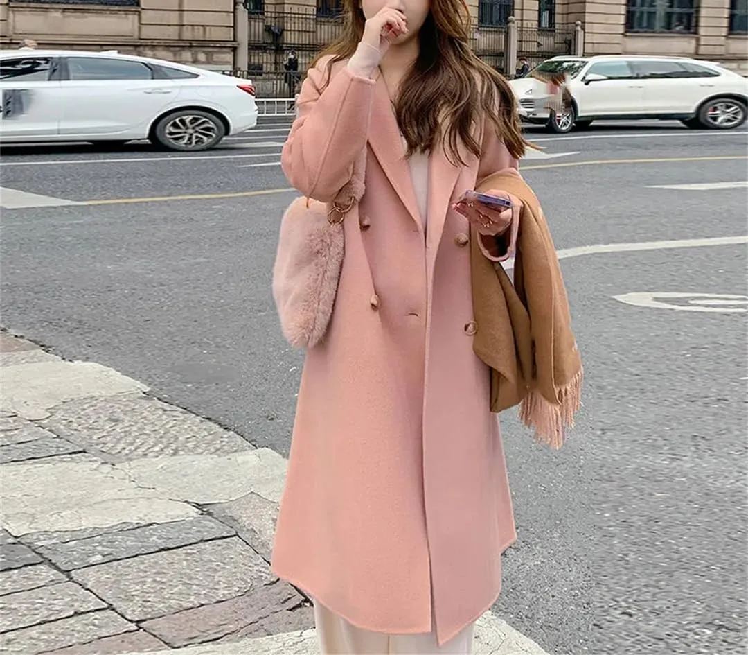 Fjnbbiot Women's Double-Sided Cashmere Wool Coat Long-Sleeved Loose Coats Notched Collar Double Breasted Wool Blend Over Coat