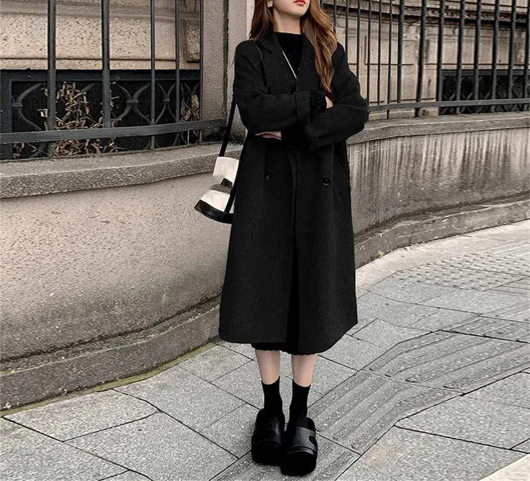 Fjnbbiot Women's Double-Sided Cashmere Wool Coat Long-Sleeved Loose Coats Notched Collar Double Breasted Wool Blend Over Coat