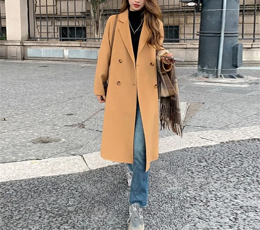 Fjnbbiot Women's Double-Sided Cashmere Wool Coat Long-Sleeved Loose Coats Notched Collar Double Breasted Wool Blend Over Coat