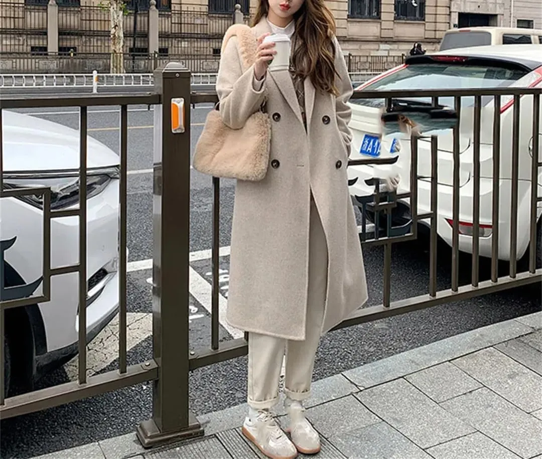 Fjnbbiot Women's Double-Sided Cashmere Wool Coat Long-Sleeved Loose Coats Notched Collar Double Breasted Wool Blend Over Coat