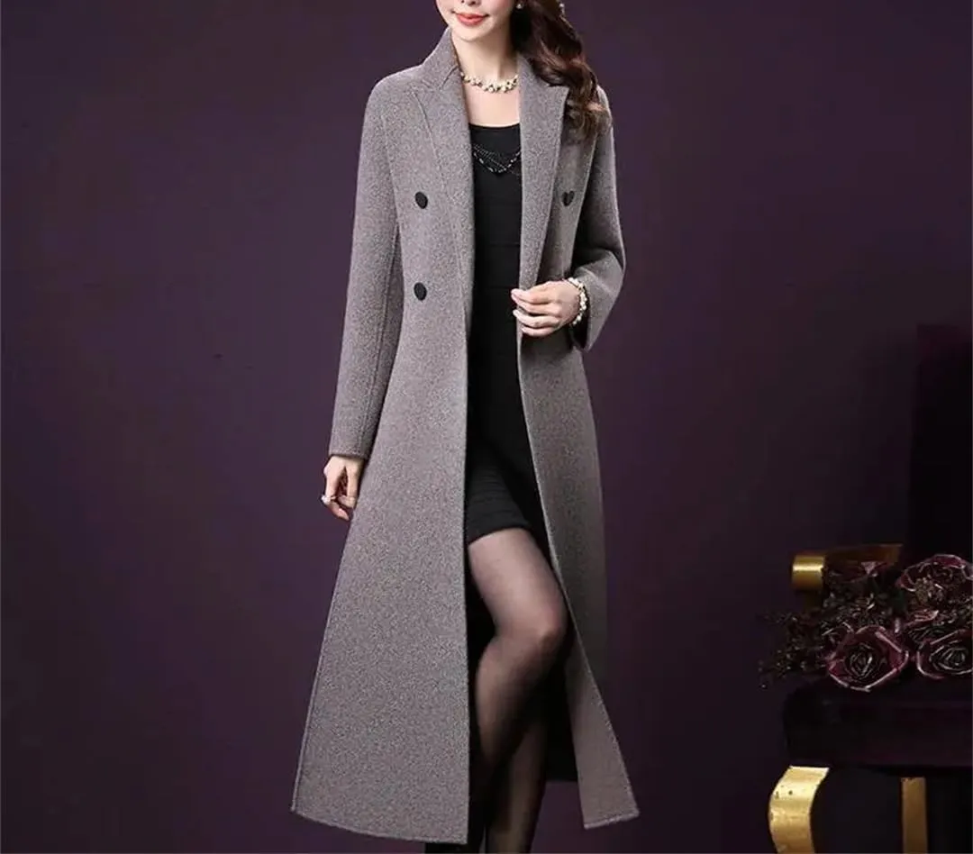 Fjnbbiot Woolen Jacket Women's Long Slim Chic Thick Wool Overcoat Autumn Winter Warm Wool Blend Over Coat Trench Coats