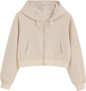 Fleece Cropped Zip Up Hoodie for Women Cute Drawstring Hooded Sweatshirts Casual Solid Crop Jacket Top with Pockets