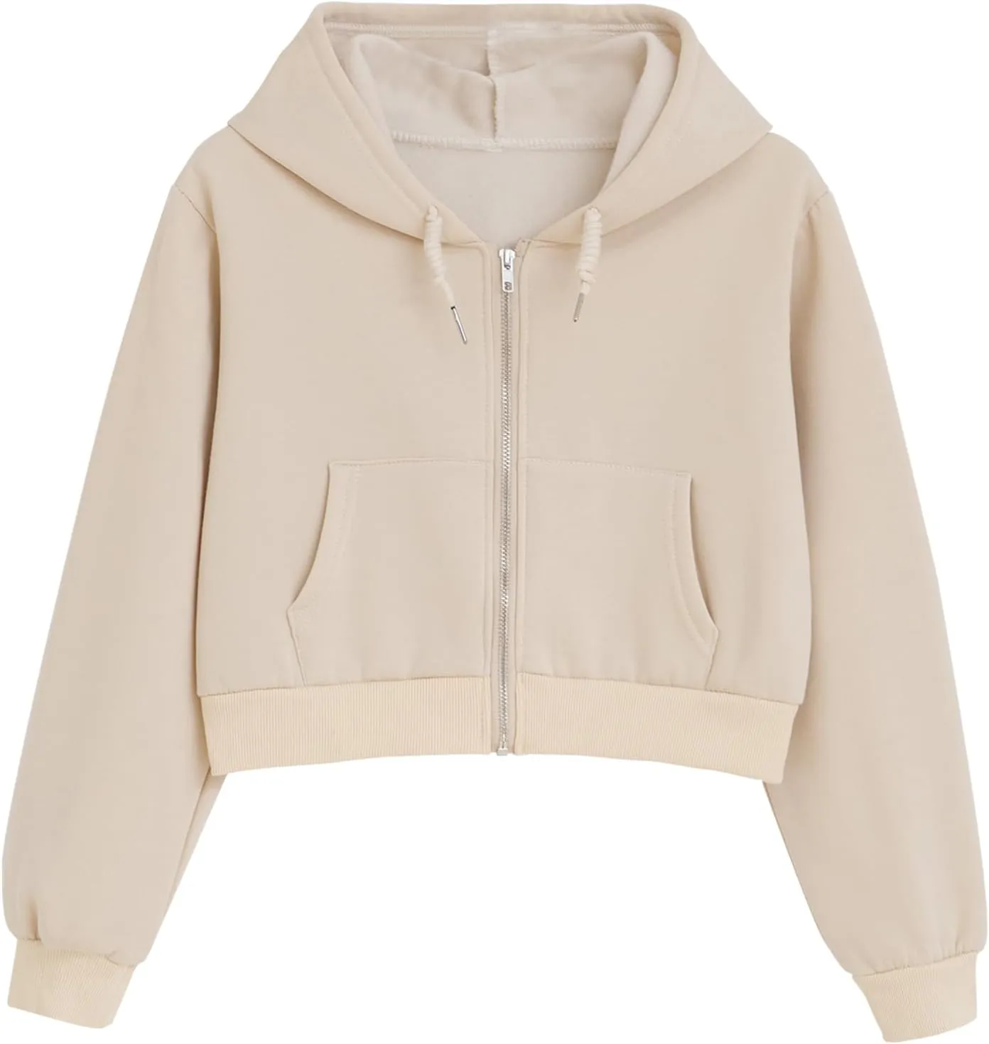 Fleece Cropped Zip Up Hoodie for Women Cute Drawstring Hooded Sweatshirts Casual Solid Crop Jacket Top with Pockets