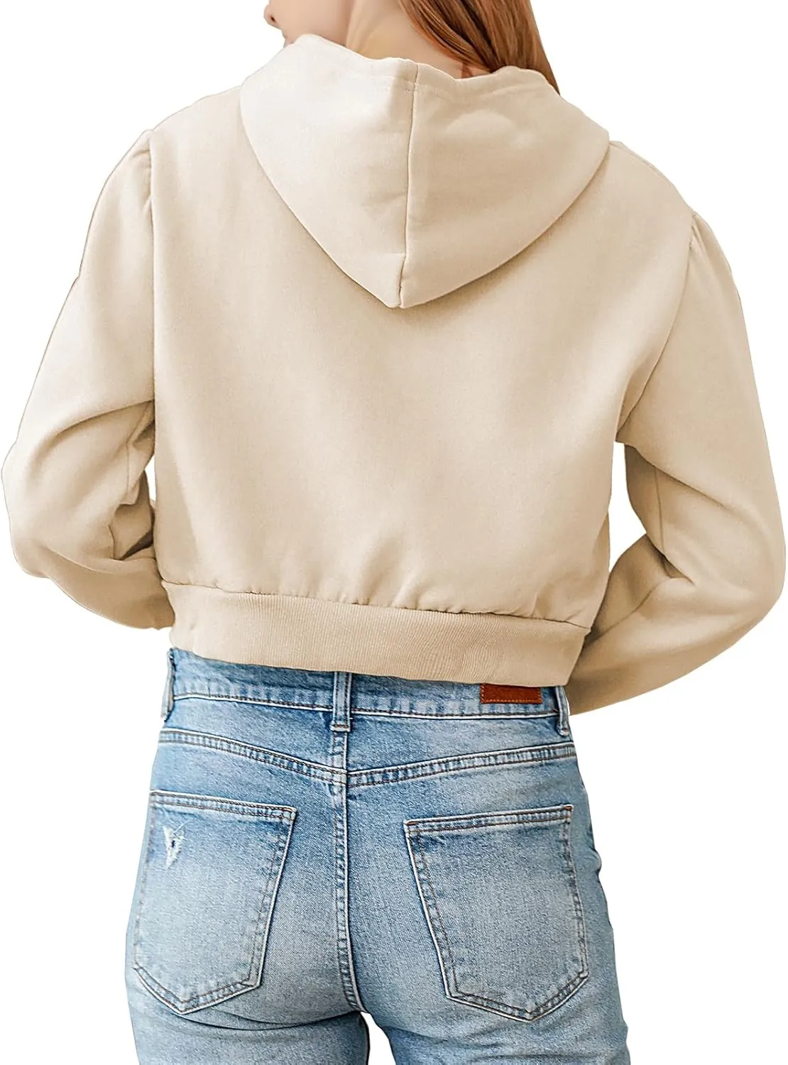 Fleece Cropped Zip Up Hoodie for Women Cute Drawstring Hooded Sweatshirts Casual Solid Crop Jacket Top with Pockets