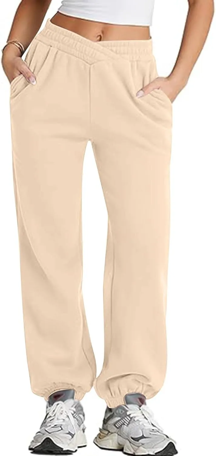 Fleece Joggers for Women Cute Y2k Baggy Sweatpants Casual Crossover High Waisted Athletic Jogger Pants with Pockets