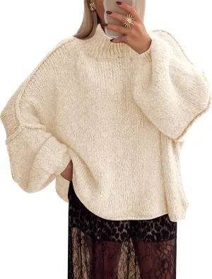Flygo Womens Oversized Sweater Long Sleeve Mock Neck Tunic Sweater Casual Knit Pullover Sweater Tops