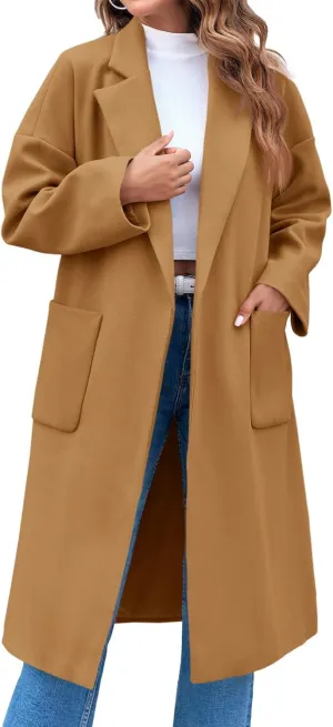 FSHAOES Womens Lapel Collar Pea Coat Open Front Overcoat Belted Long Jacket Outerwear