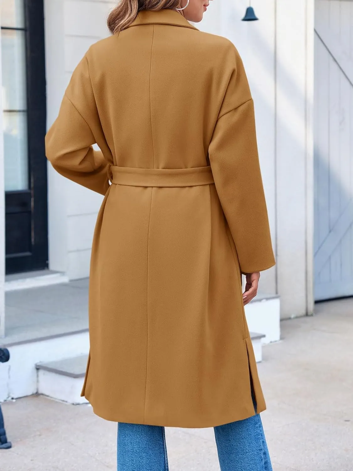 FSHAOES Womens Lapel Collar Pea Coat Open Front Overcoat Belted Long Jacket Outerwear