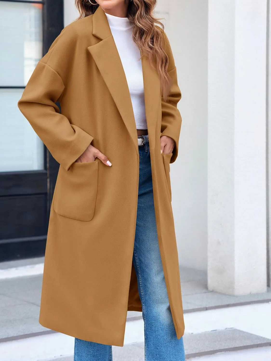 FSHAOES Womens Lapel Collar Pea Coat Open Front Overcoat Belted Long Jacket Outerwear