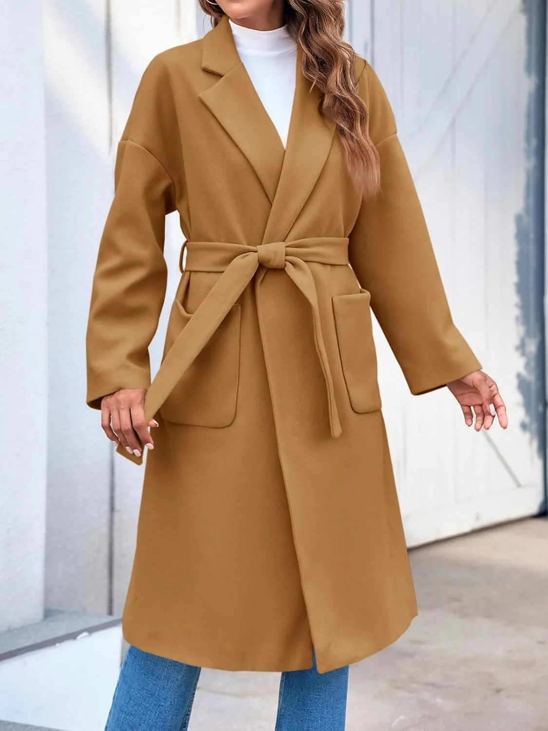 FSHAOES Womens Lapel Collar Pea Coat Open Front Overcoat Belted Long Jacket Outerwear