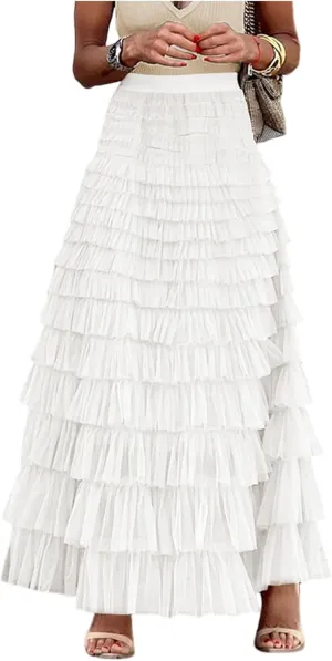 Gihuo Women's Long Maxi Tulle Skirts A Line High Waisted Tiered Layered Midi Skirt Mesh Ruffle Tutu Petticoat