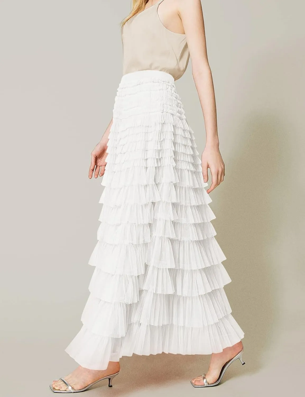 Gihuo Women's Long Maxi Tulle Skirts A Line High Waisted Tiered Layered Midi Skirt Mesh Ruffle Tutu Petticoat