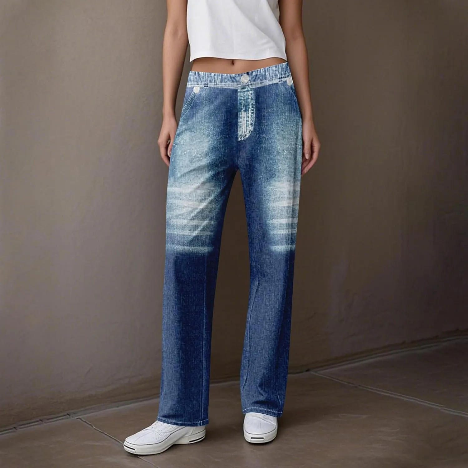 GOFULY French Terry Sweatpants That Look Like Jeans,Denim Print Wide Leg Pants Stretchy Elastic Waisted Sweatpants Casual