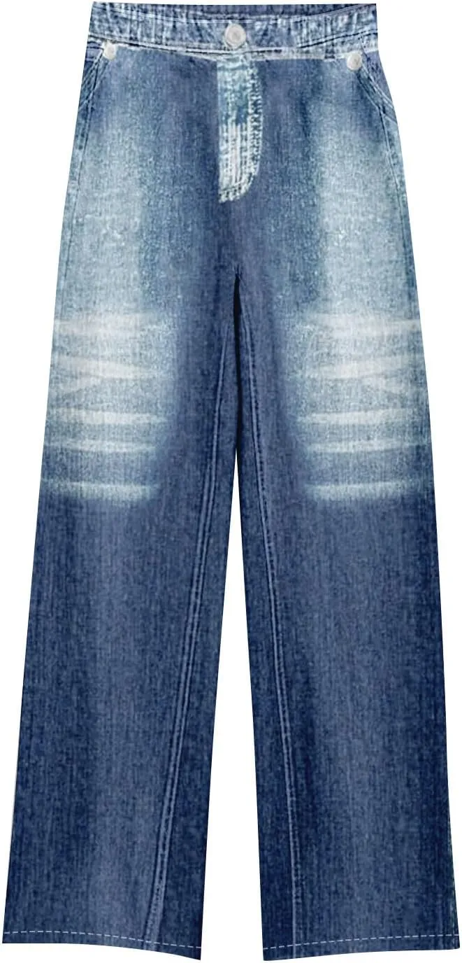 GOFULY French Terry Sweatpants That Look Like Jeans,Denim Print Wide Leg Pants Stretchy Elastic Waisted Sweatpants Casual