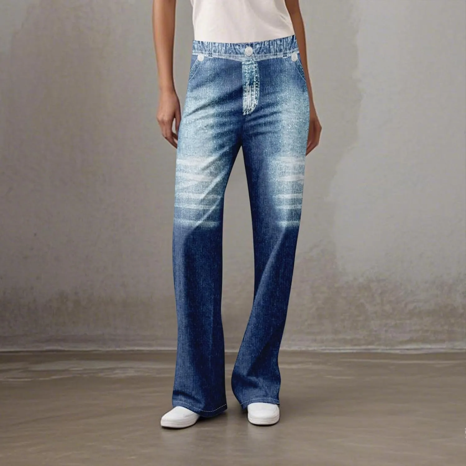 GOFULY French Terry Sweatpants That Look Like Jeans,Denim Print Wide Leg Pants Stretchy Elastic Waisted Sweatpants Casual