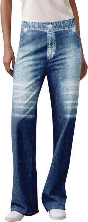 GOFULY French Terry Sweatpants That Look Like Jeans,Denim Print Wide Leg Pants Stretchy Elastic Waisted Sweatpants Casual