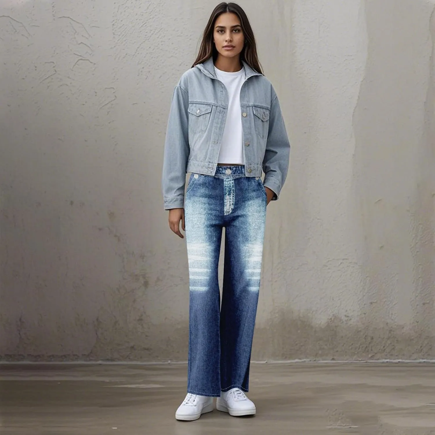 GOFULY French Terry Sweatpants That Look Like Jeans,Denim Print Wide Leg Pants Stretchy Elastic Waisted Sweatpants Casual