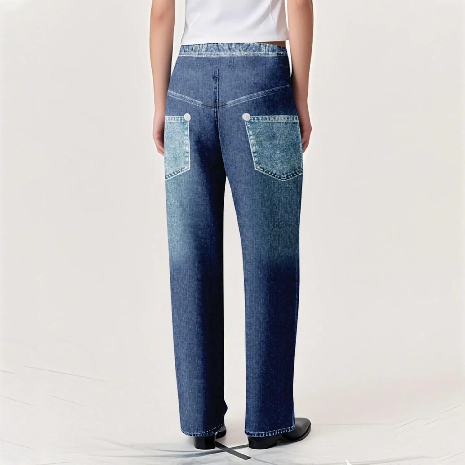 GOFULY French Terry Sweatpants That Look Like Jeans,Denim Print Wide Leg Pants Stretchy Elastic Waisted Sweatpants Casual