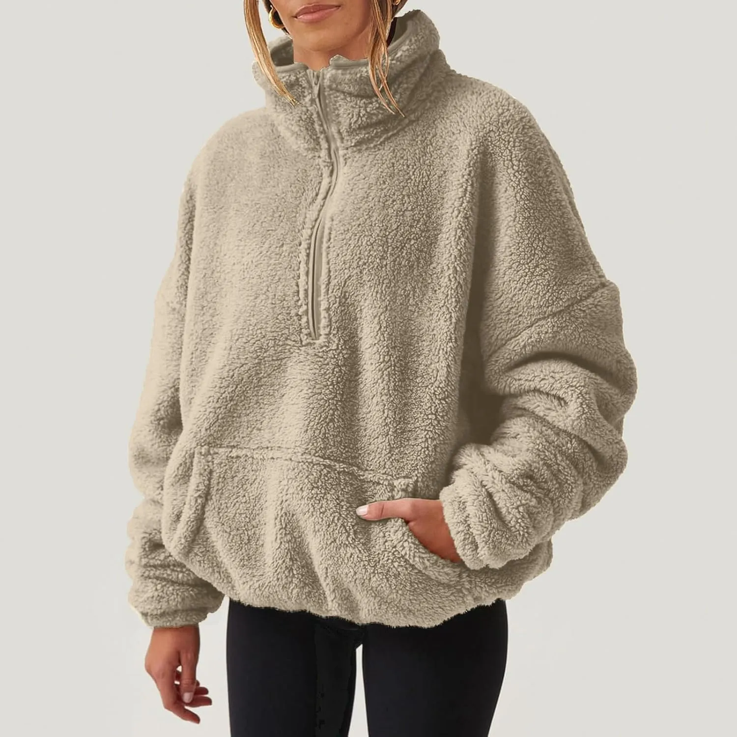 Gumipy Quarter Zip Pullover Women Stand Collar Fleece Cropped Jacket Sweatshirt Fuzzy Coat Thick Winter Coats with Pocket
