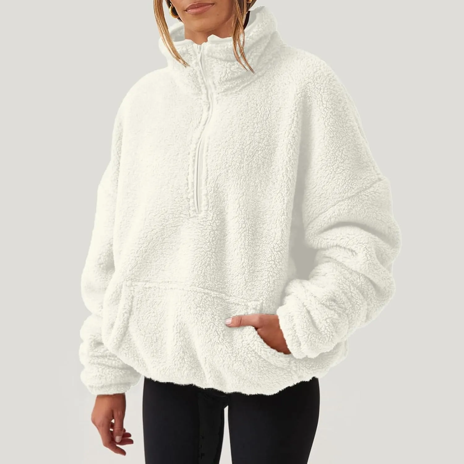Gumipy Quarter Zip Pullover Women Stand Collar Fleece Cropped Jacket Sweatshirt Fuzzy Coat Thick Winter Coats with Pocket