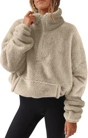 Gumipy Quarter Zip Pullover Women Stand Collar Fleece Cropped Jacket Sweatshirt Fuzzy Coat Thick Winter Coats with Pocket