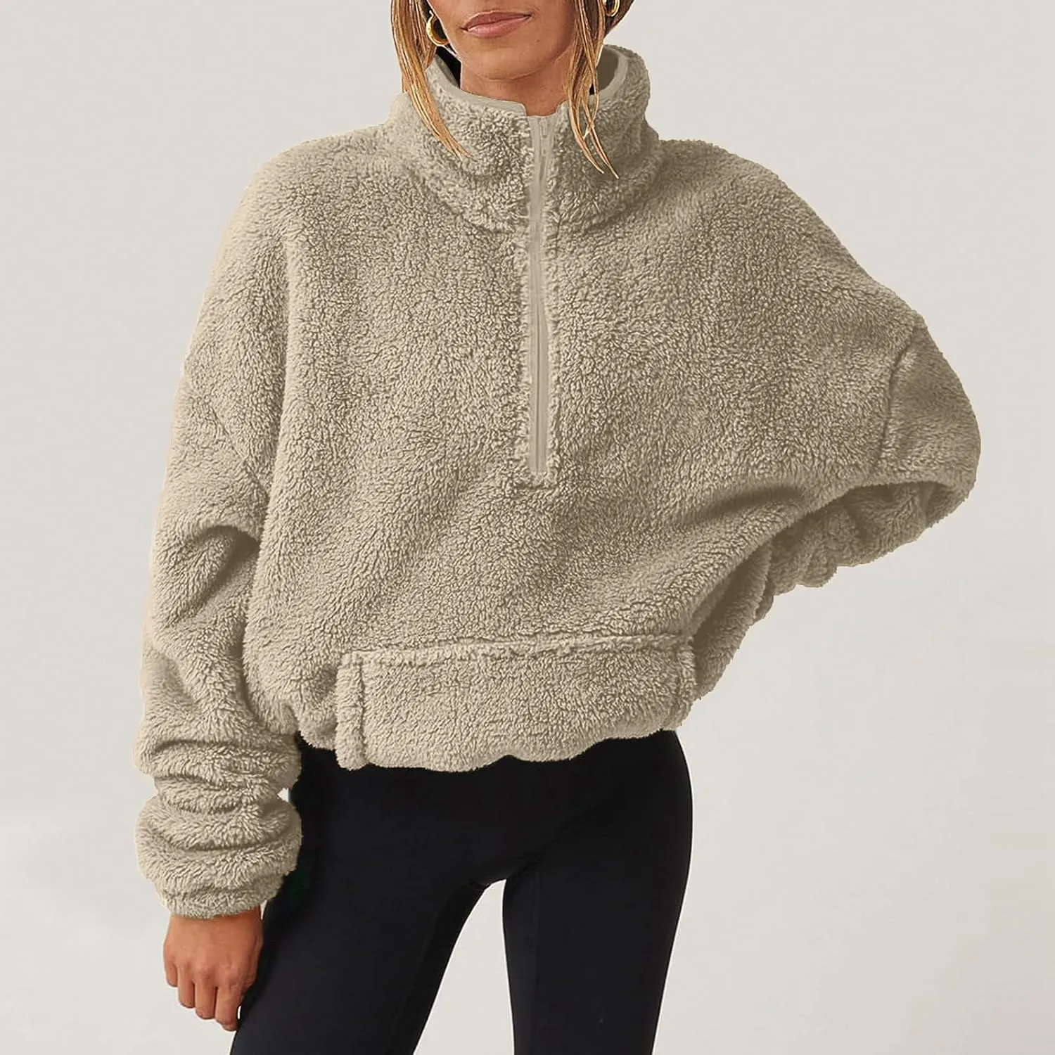 Gumipy Quarter Zip Pullover Women Stand Collar Fleece Cropped Jacket Sweatshirt Fuzzy Coat Thick Winter Coats with Pocket