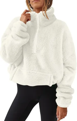 Gumipy Quarter Zip Pullover Women Stand Collar Fleece Cropped Jacket Sweatshirt Fuzzy Coat Thick Winter Coats with Pocket