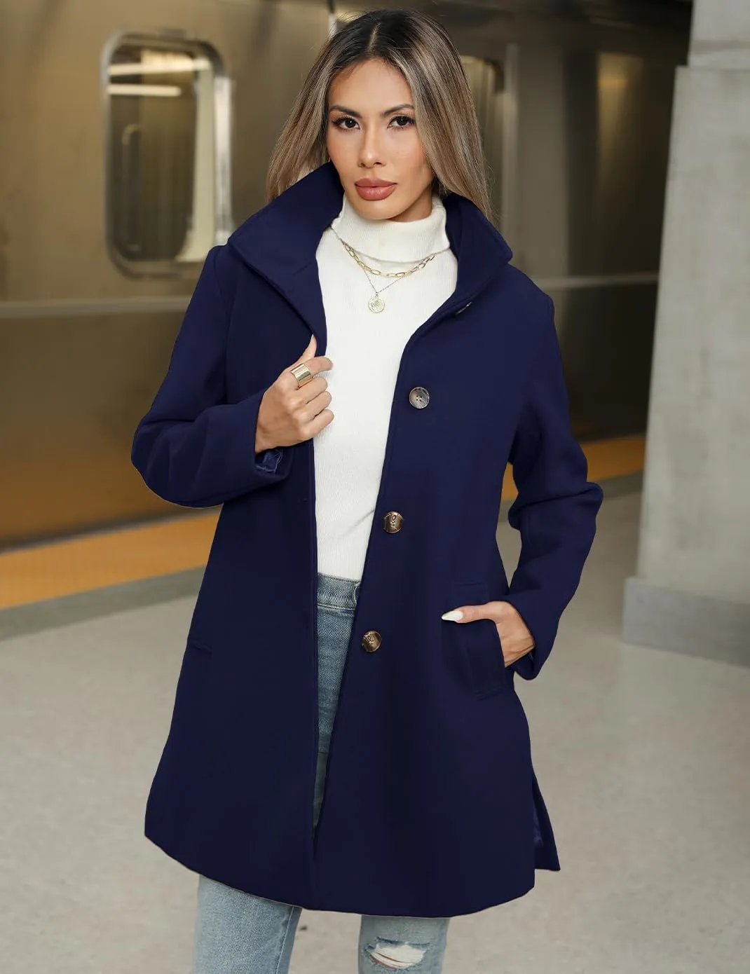 Haellun Women's Notch Lapel Winter Wool Coat Stand Collar Single Breasted Pea Coat Short Funnel Coat