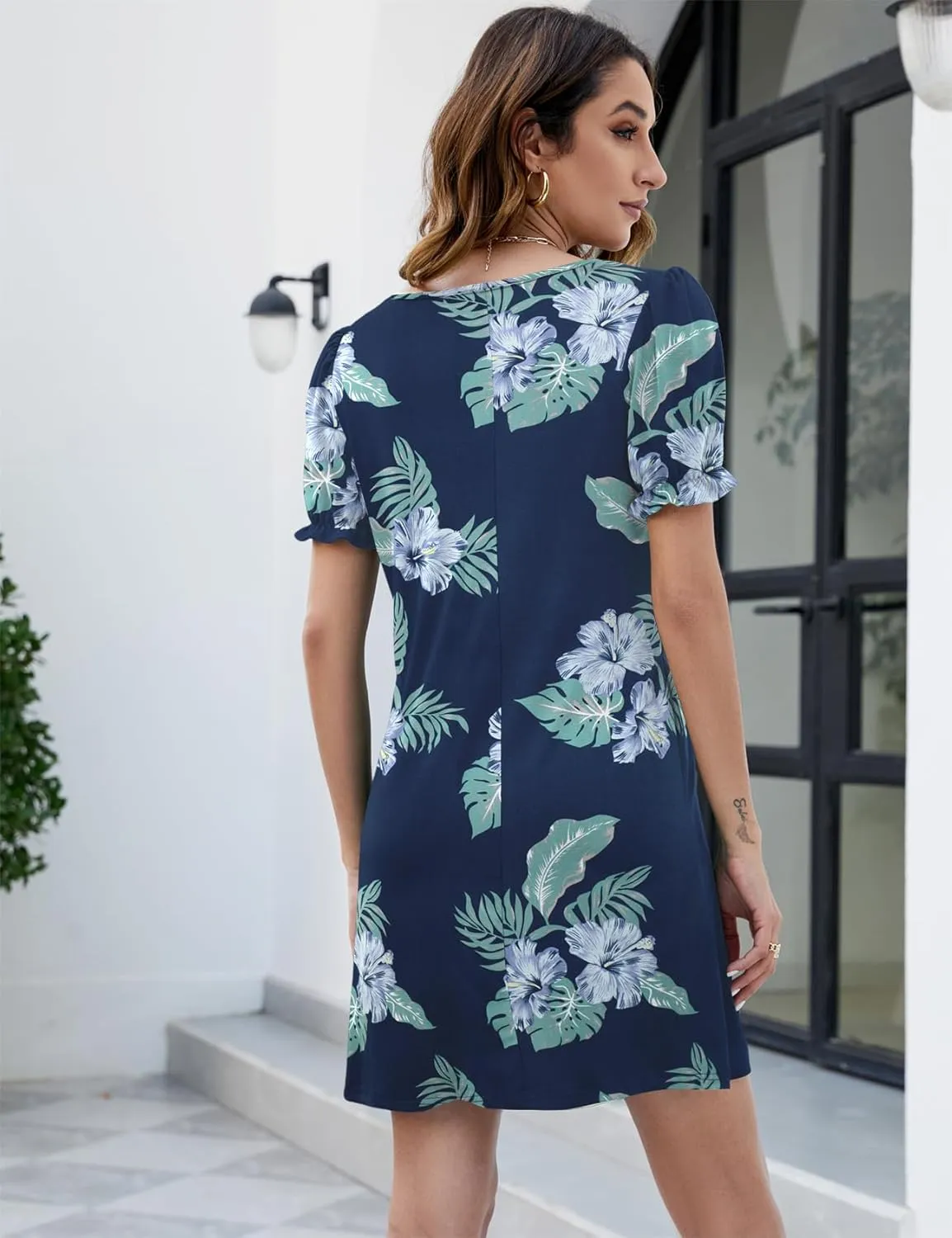 Halife Womens Summer Dresses Casual Puff Short Sleeve V-Neck T Shirt Dress with Pockets