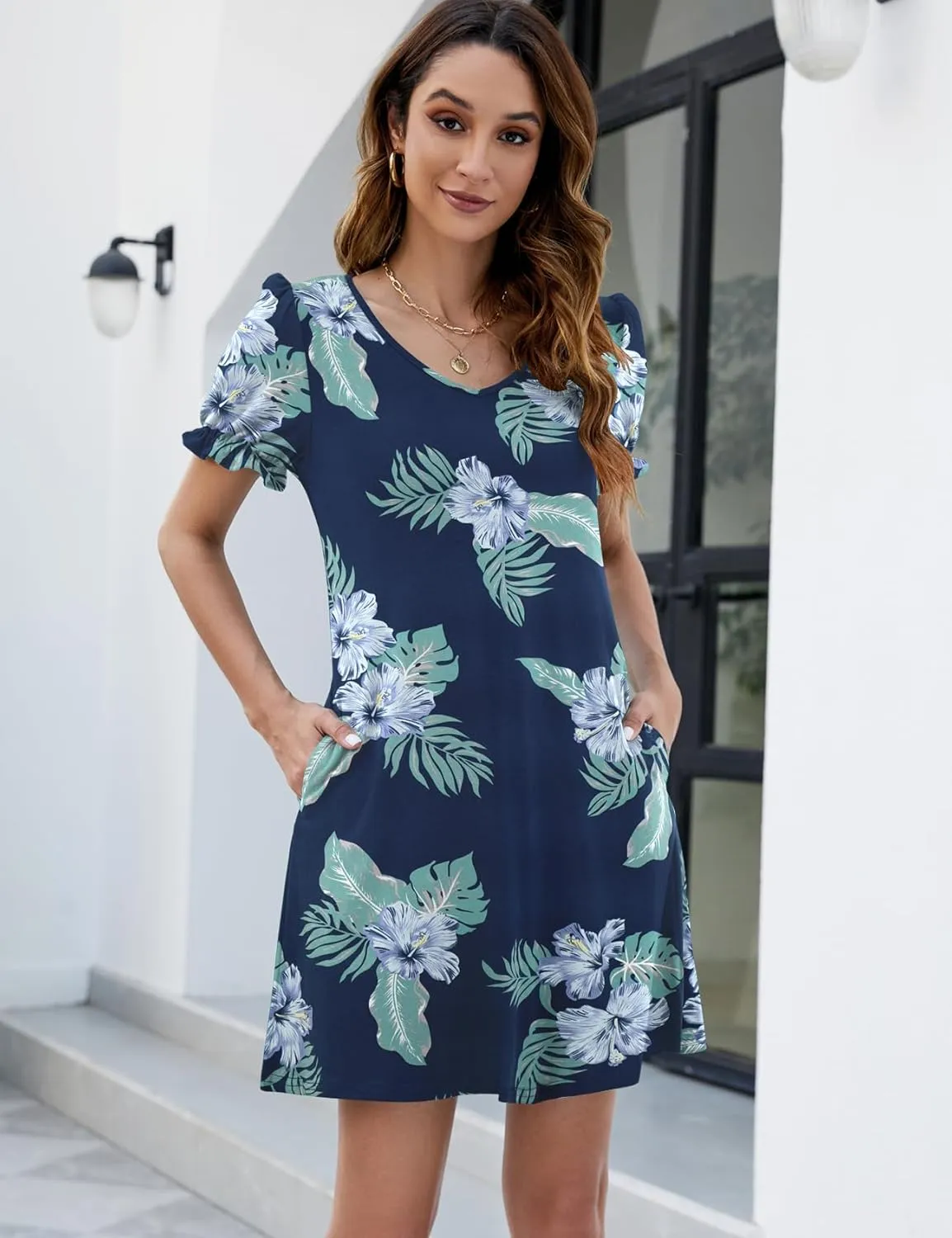 Halife Womens Summer Dresses Casual Puff Short Sleeve V-Neck T Shirt Dress with Pockets